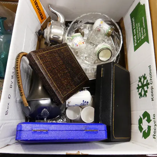 BOX LOT ASST. CUTLERY, CASED SETS, EP, CRYSTAL ETC