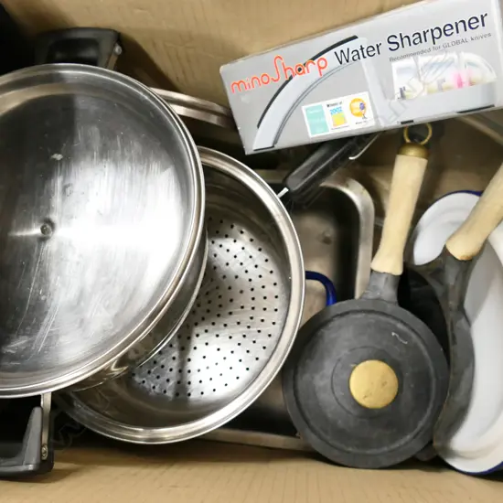 BOX LOT ASST KITCHENWARE INCL. WOK, POTS ETC..