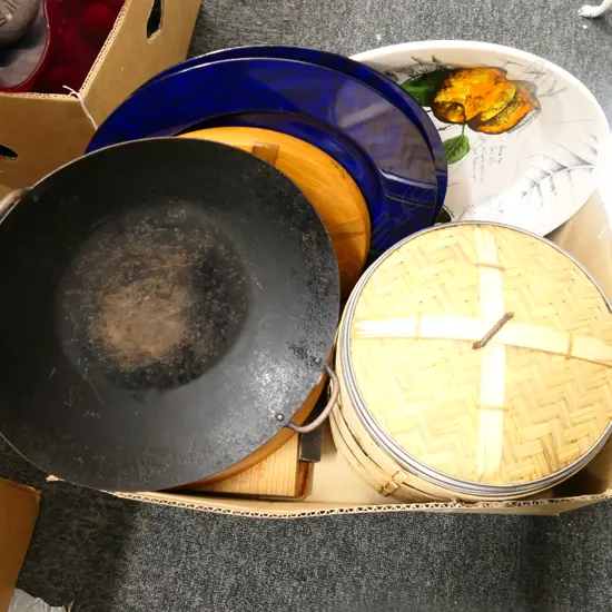 BOX ASST INCL WOK, CANE STEAMER BASKETS, PLATES, ETC..