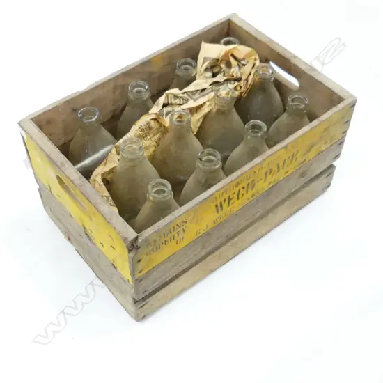 CRATE OF 12 VINTAGE QUART BOTTLES