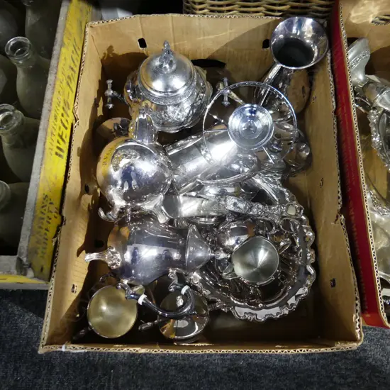 BOX LOT ASST SILVER PLATE; COFFEE POTS, JUGS, CUTLERY ETC..