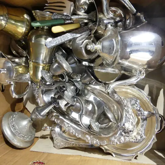 GOOD BOX LOT ASST SILVER PLATE INCL SOME CUTLERY SERVERS, COFFEE POT ETC..