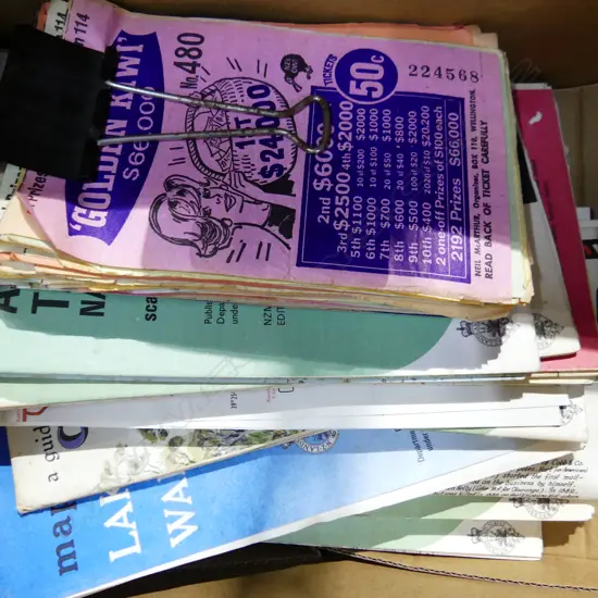 BOX LOT ASST. NZ NATIONAL PARK MAPS, GOLDEN KIWI LOTTO TICKETS ETC