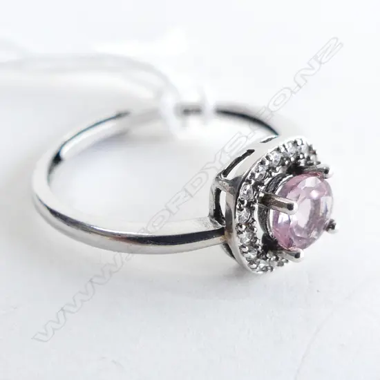 PINK STONE, CRYSTAL & 925  SILVER RING (ADJUSTABLE SIZE)