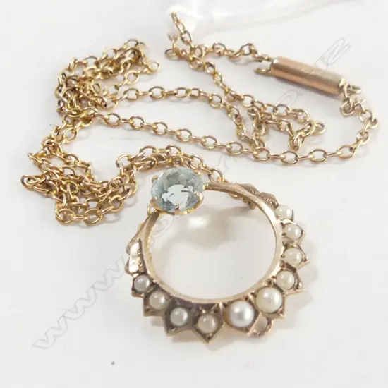 9CT GOLD & SEED PEARL + BLUE AQUAMARINE PENDANT 9CT CHAIN