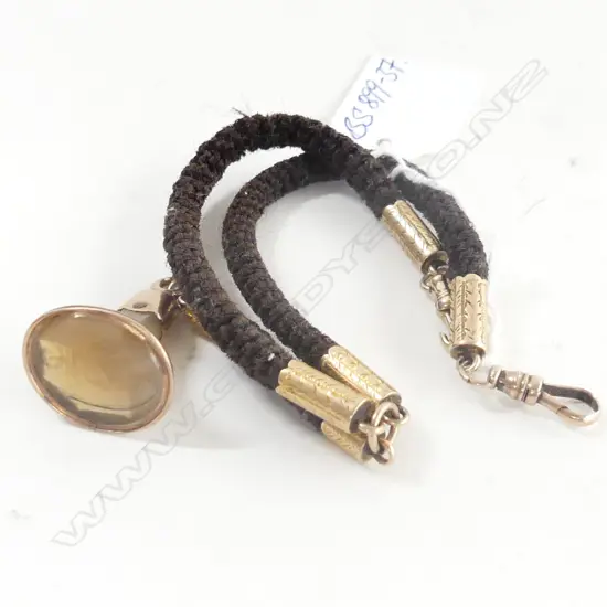 VICTORIAN 15CT GOLD & HAIR WATCH CHAIN w. GOLD & HARDSTONE SEAL