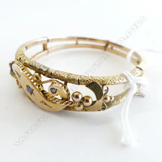 VICTORIAN 9CT GOLD SAPPHIRE/DIAMOND BANGLE (REQUIRES REPAIR) 12gm