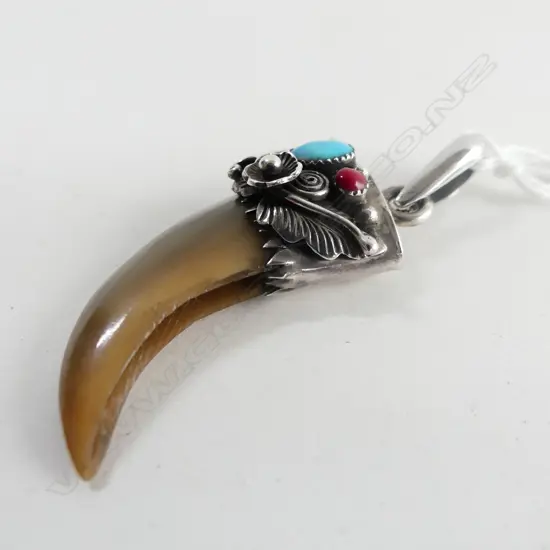 SILVER MOUNTED CLAW/horn? PENDANT W turquoise & red coral