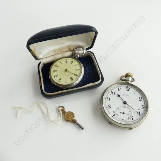 2 OLD POCKET WATCHES. OPEN FACE. 1 SILVER. 1 CORTEBERT both not working