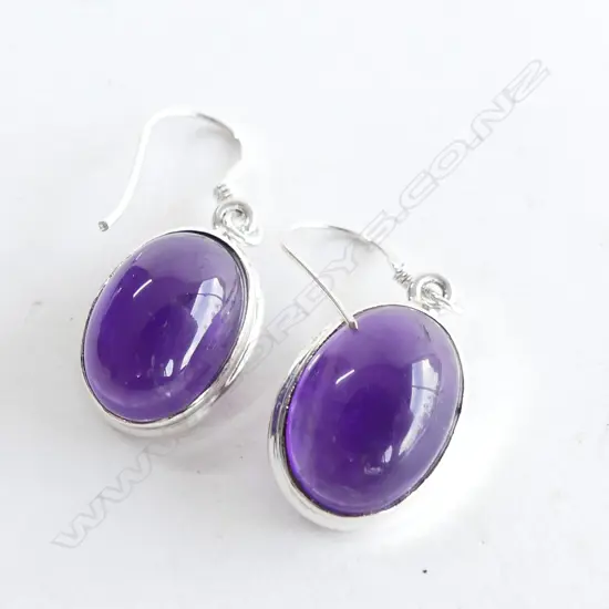 AMETHYST CABOCHON & 925 SILVER DROP EARRINGS