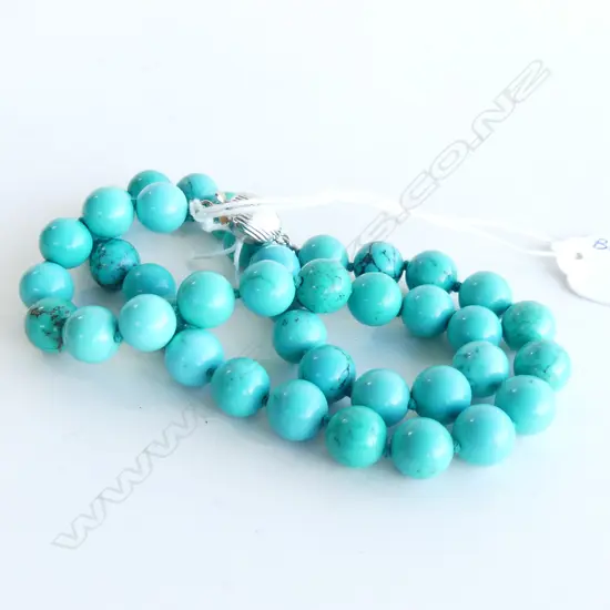 ROUND TURQUOISE BEAD NECKLACE, 925 SILVER CLASP 