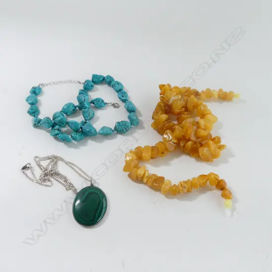 3 NECKLACES; TURQUOISE L.550mm, AMBER L.600mm & MALACHITE PENDANT ON STG CHAIN