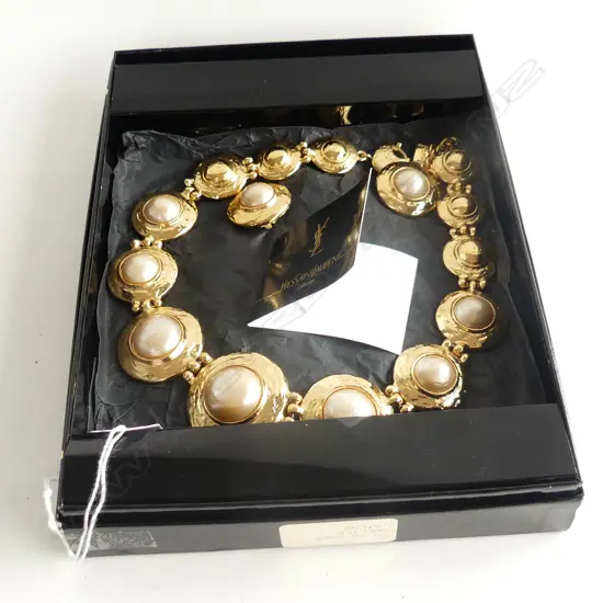 YVES SAINT LAURENT 'COLLIER ATLAS' COSTUME NECKLACE & EARRINGS SET GOLD TONED METAL & FAUX PEARL - MADE IN FRANCE, BOXED