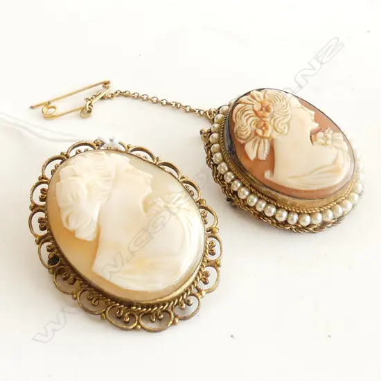 2 c1940's 'GENUINE CAMEO' CARVED BROOCHES g/plated mounts