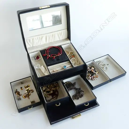BLACK VINYL COMPARTMENT JEWELLERY BOX WITH ASST COSTUME JEWELLERY ETC..