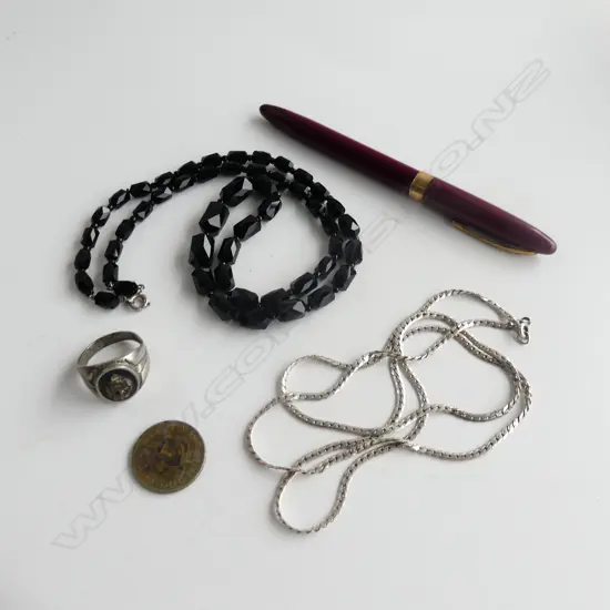 VINTAGE BLACK GLASS NECKLACE + SHEAFFER PEN 14K NIB + SILVER 'USN' NAVY RING + SILVER CHAIN