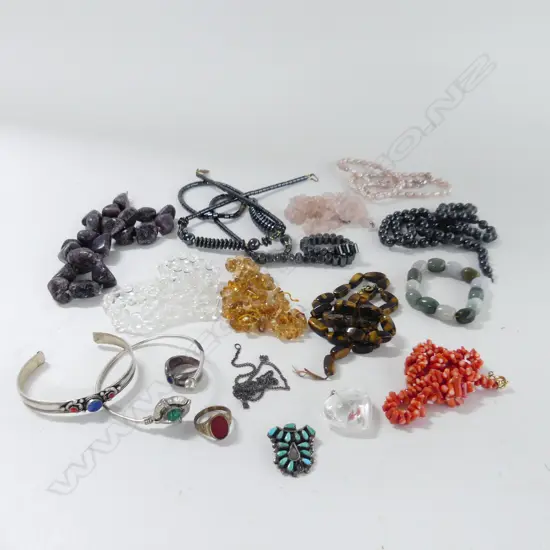 BOX ASST. NECKLACES; PEARL, TIGERS EYE, CORAL, 2 CITRINE BRACELETS (some faults) ETC