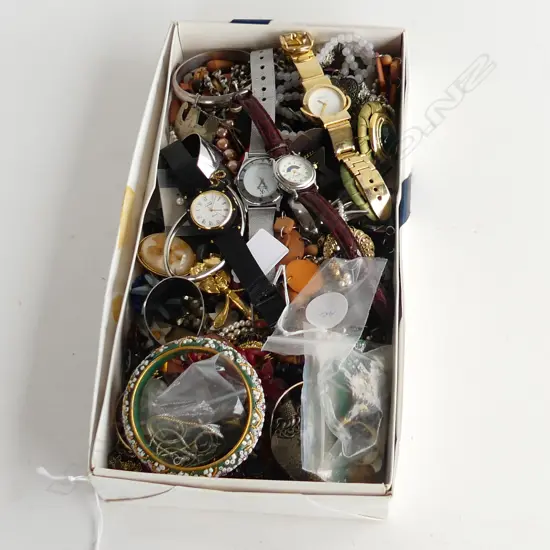 BOX ASST. COSTUME JEWELLERY INCL. 4WATCHES