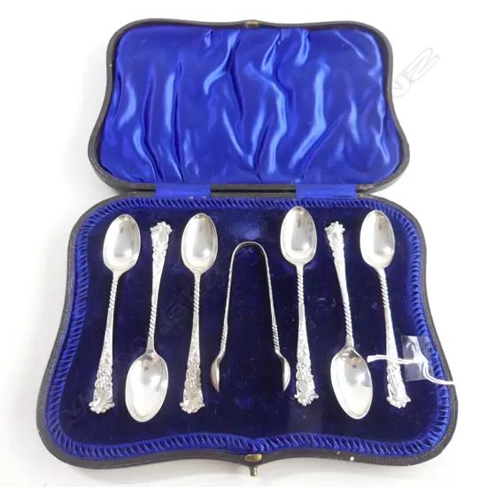 CASED SET 6 STG SILVER COFFEE SPOONS & TONGS 20949