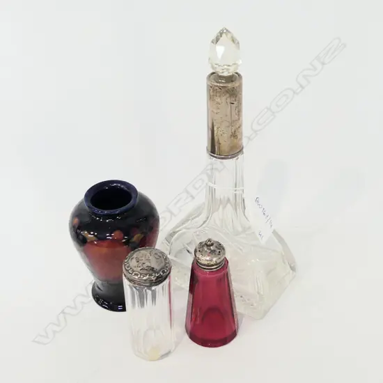4 PCES; 3 STG TOPPED BOTTLES H.205mm + SMALL MOORCROFT POMEGRANATE VASE H.90mm (chip to base)