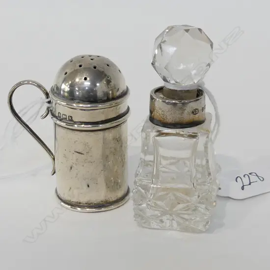 SILVER & CRYSTAL PERFUME BOTTLE + SILVER PEPPERETTE of tankard form