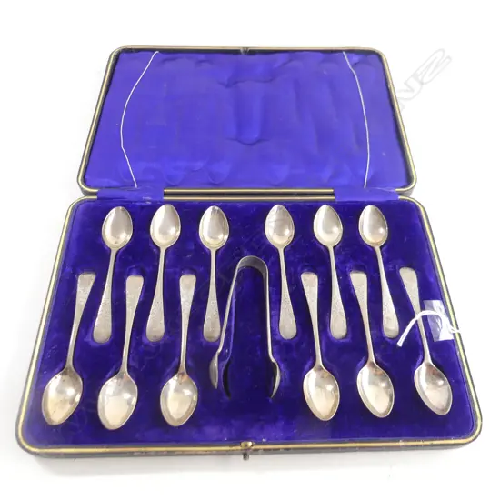 CASED SET OF12 STG SILVER COFFEE SPOONS & TONGS 1012