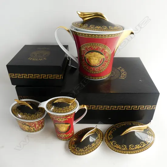 3PC ROSENTHAL VERSACE ‘MEDUSA’ TEASET WITH EXTRA TEAPOT LID & SUGAR BOWL LID, TEAPOT H.210mm
