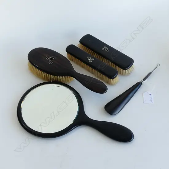 5 PCE EBONY & STG DRESSING SET; 3 BRUSHES, MIRROR & BUTTON HOOK / SHOE HORN