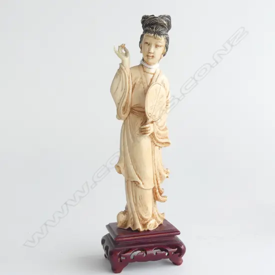 OLD CHINESE CARVED IVORY WOMAN W FAN ON STAND H.180mm