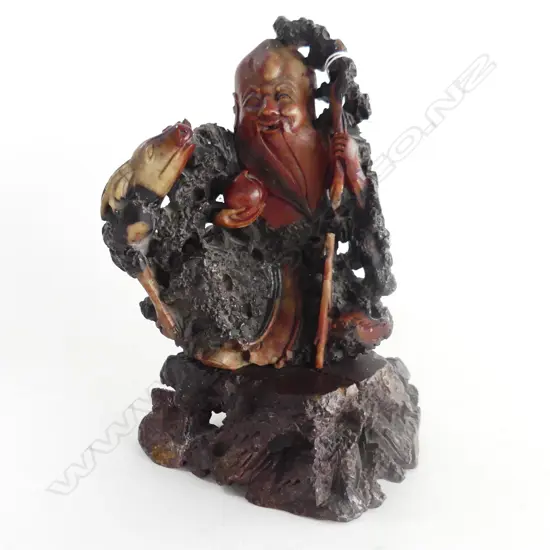 OLD CHINESE SOAPSTONE CARVING SHOULAO W DEER PEACH & STAFF does have breaks. H.230mm