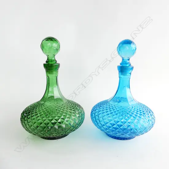 2 RETRO GLASS GENIE BOTTLES 1GREEN 1BLUE H320MM