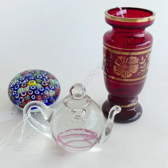 MILLEFIORE PAPERWEIGHT (DIA 80MM) GLASS TEAPOT (H.95MM) + BOHEMIAN RUBY RED GLASS VASE (H. 150MM)