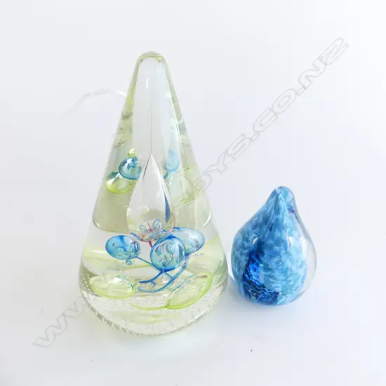 2 CAITHNESS GLASS CONE PAPERWEIGHTS; 'ARTISAN' H.155mm + 'RAINDROP' H.75mm
