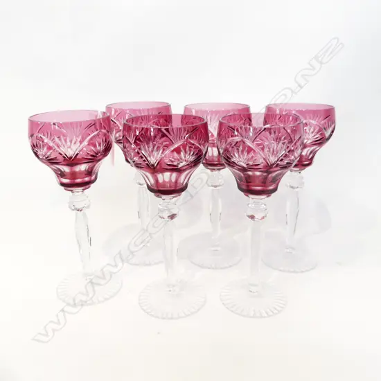 6 ANNA HUTTE CUT CRYSTAL CRANBERRY STEM GLASSES H.200mm