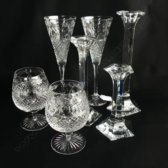 3 GRADUATED RIEDEL CANDELSTICKS H.250mm + 4 PCES STUART CRYSTAL; 2 BRANDY BALLOONS + 2 CHAMPAGNE FLUTES H.