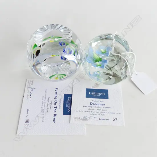 2 CAITHNESS GLASS PAPERWEIGHTS; 'DREAMER' & 'PUNTING ON THE RIVER' 75mm dia