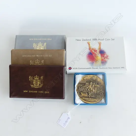 4 ASST. NZ COIN SETS + AT&T NEW ORLEANS BRONZE MEDALLION 75mm dia