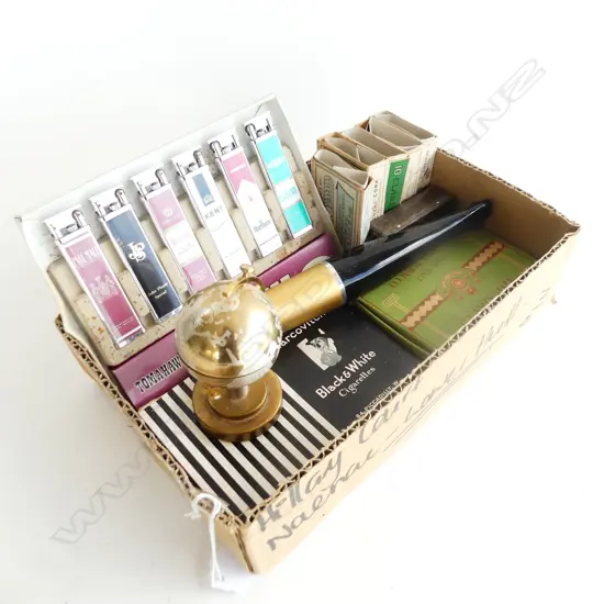 SMALL BOX OF SMOKING PARAPHINALIA COLLECTION OF LIGHTERS  CIG BOXES ETC