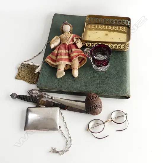COLLECTION OF MISC. OLD ITEMS FROM A LADIES DRESSING TABLE; LEATHER CASE W.290mm, MESH COIN PURSE, DOLL, ETC