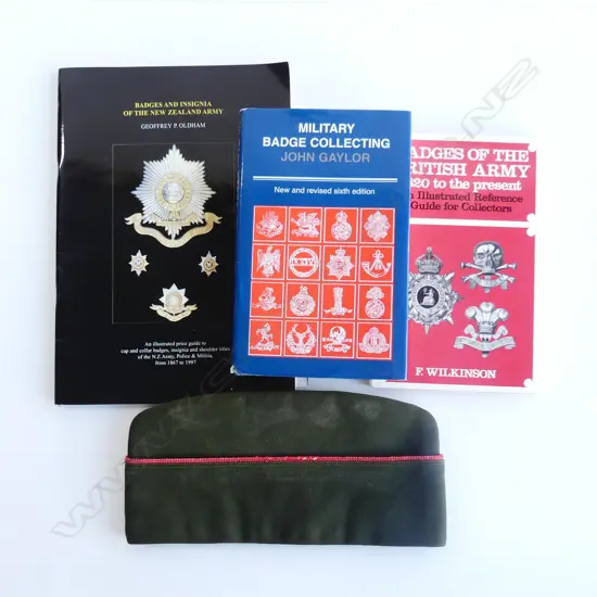 3 BOOKS ON MILITARY BADGE COLLECTING + CAP; OLDHAM, F. WILKINSON, GAYLOR