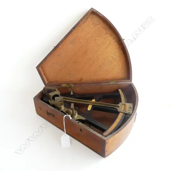 ANTIQUE BRONZE & EBONISED TIMBER SEXTANT BY WALKER, LIVERPOOL IN WOODEN CASE W.320mm
