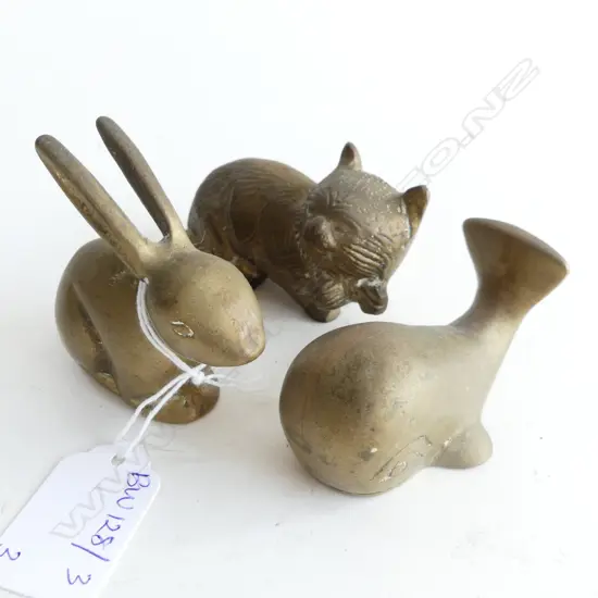 3 SMALL BRASS ANIMALS; CAT, WHALE & RABBIT H.65mm