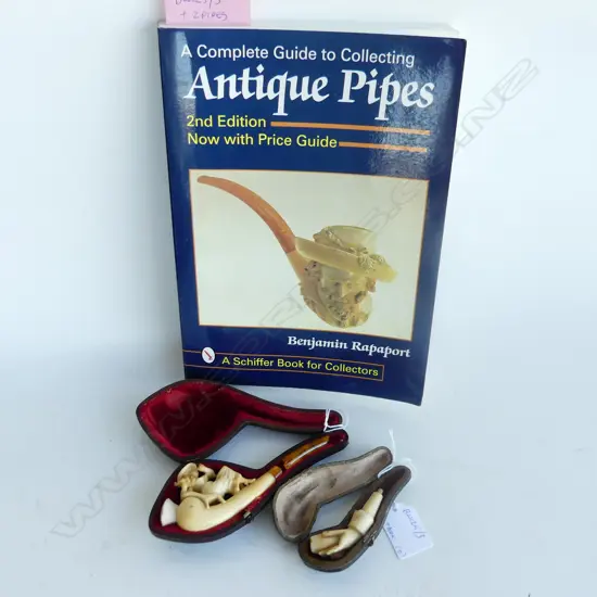2 CASED MEERSCHAUM PIPES WITH FAULTS + PIPE BOOK L 140 MM