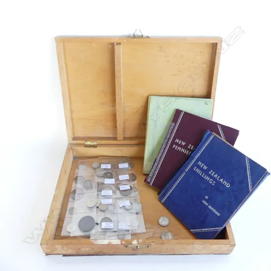 COIN COLLECTION IN WOODEN CASE; 3 NZ BERTRAND BOOKS, 52 ASST. WORLD COINS
