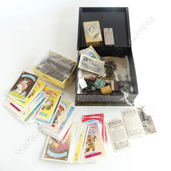 VINTAGE TIN OF COLLECTABLES LIGHTERS CARDS  KEYS ETC