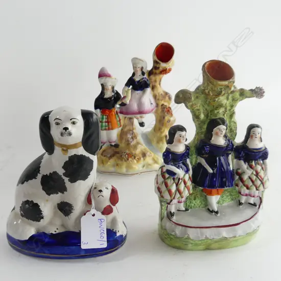 3 STAFFORDSHIRE FIGURES; SPANIEL DOG, 2 FIGURE GROUPS (1 w. REPAIR) H.185mm