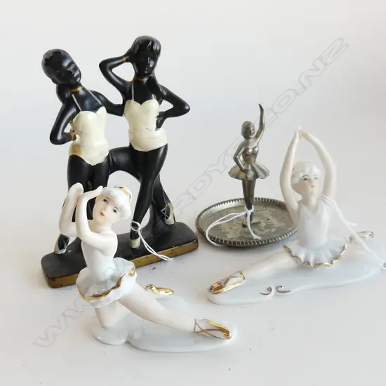 RETRO NEGRO BALLERINA GIRLS FIGURINE H. 150MM) , 2 PORCELAIN BALLERINA FIGURES & METAL BALLERINA RING HOLDER 