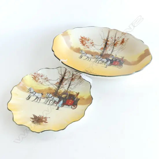 RTV ROYAL DOULTON COACHING DAYS, SCALLOPED PLATE (DIA 200MM) A/F & OVAL BOWL (L. 280MM)