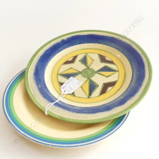 2 CLARICE CLIFF BIZARRE SIDE PLATES; BLUE/GREEN 215 / 200mm dia