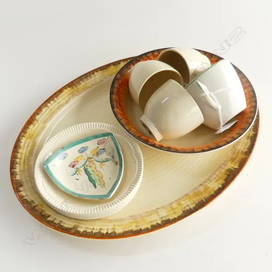 11 PCES ASST. CLARICE CLIFF; LG BIZARRE ASHETTE 360x275mm & BOWL + 4 CUPS, 4 SAUCERS, PIN DISH